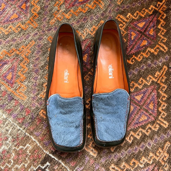 MELANI BLUE PONYHAIR GREEN PATENT LEATHER LOAFERS - Picture 2 of 4